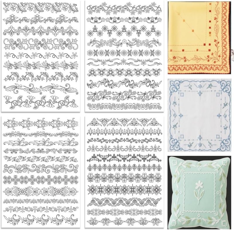 ORIGACH 4 Sheets Water Soluble Embroidery Patterns Stabilizers - Pre-Printed Borders Designs - Stick & Stitch Embroidery Paper for Hand Sewing Lovers - Image 1